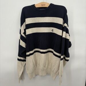 Vtg Nautica Sweater Oversized Men's Large Striped White/Navy‎ Y2K Preppy Cotton